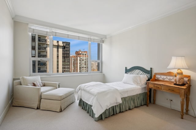 bedroom with carpet flooring and crown molding