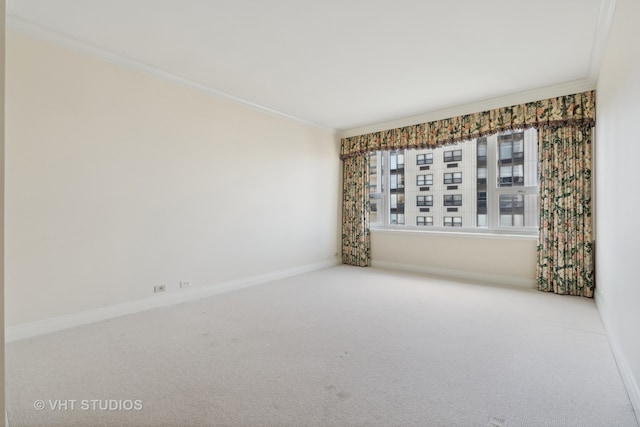 empty room featuring light colored carpet and ornamental molding