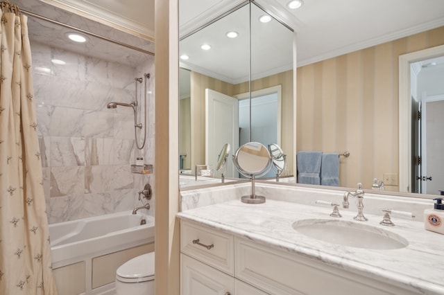 full bathroom featuring vanity, toilet, shower / bathtub combination with curtain, and ornamental molding