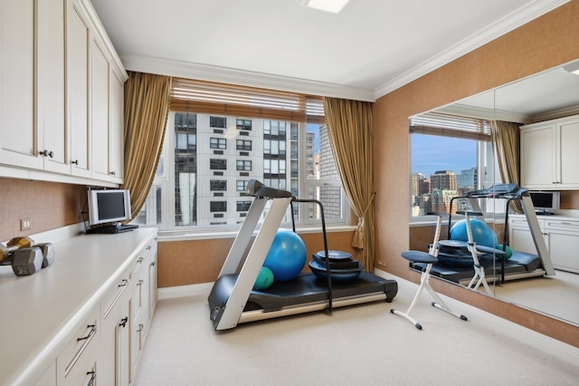 workout area with light colored carpet, a wealth of natural light, and crown molding