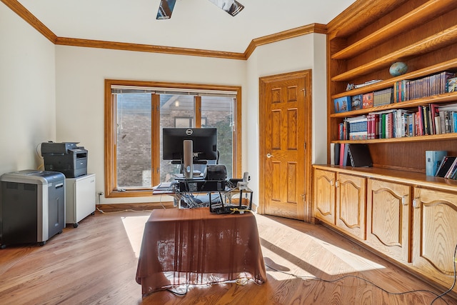 home office featuring light hardwood / wood-style flooring and crown molding