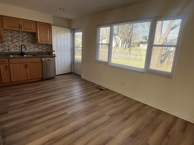 kitchen featuring wood-type flooring, tasteful backsplash, stainless steel dishwasher, and sink