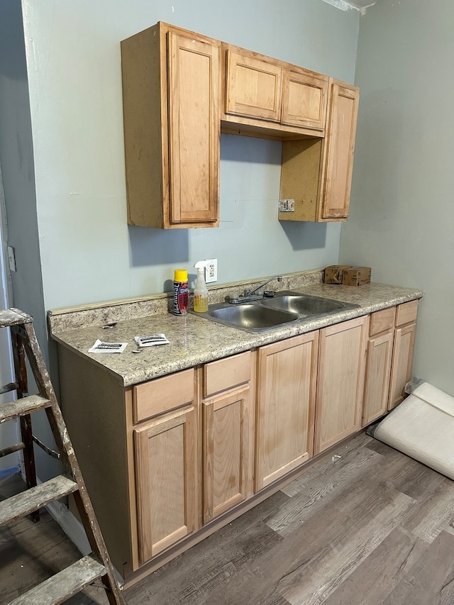 kitchen with light brown cabinetry, sink, and dark hardwood / wood-style floors