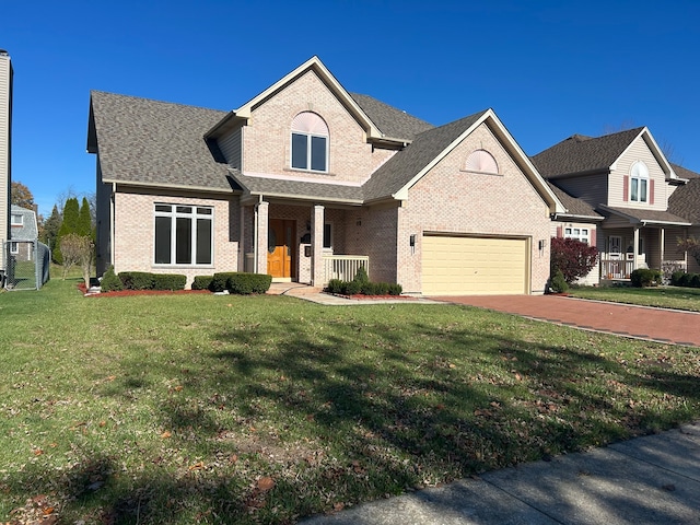 view of front of house featuring a garage, a front yard, and covered porch