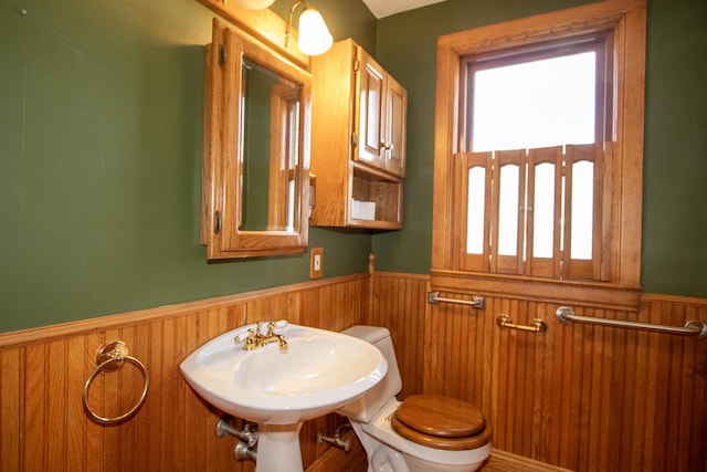 bathroom with toilet, wooden walls, and sink