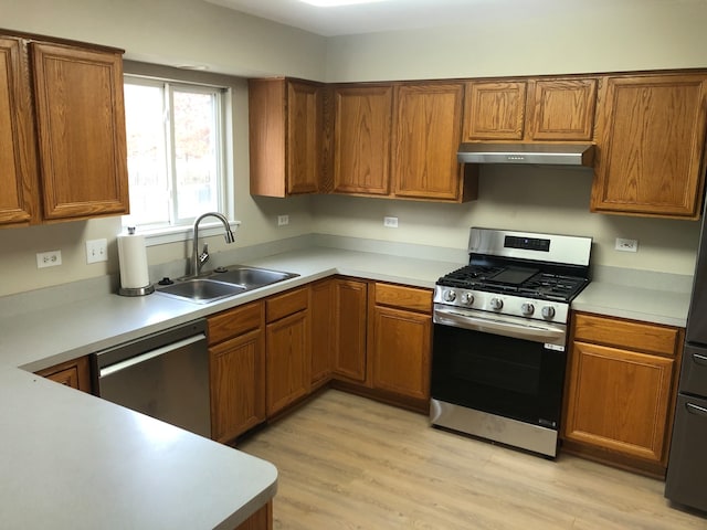 kitchen featuring appliances with stainless steel finishes, sink, and light hardwood / wood-style flooring