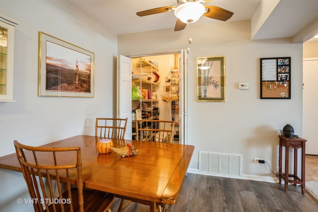 dining area featuring dark hardwood / wood-style floors and ceiling fan