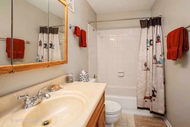 full bathroom with toilet, shower / bath combination with curtain, vanity, and tile patterned floors