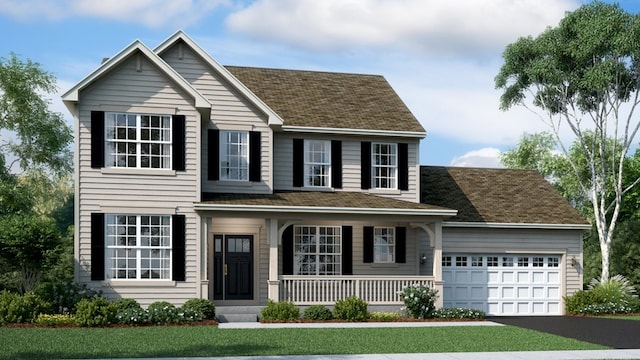 view of front of house with a porch, a garage, and a front lawn