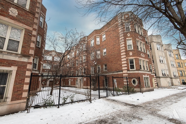 view of snow covered building