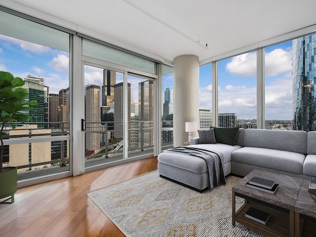 living room with a wealth of natural light, wood-type flooring, and floor to ceiling windows