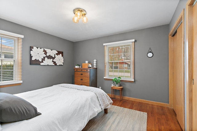 bedroom with wood-type flooring, a closet, and multiple windows