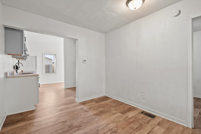 empty room with sink, light hardwood / wood-style floors, and a textured ceiling