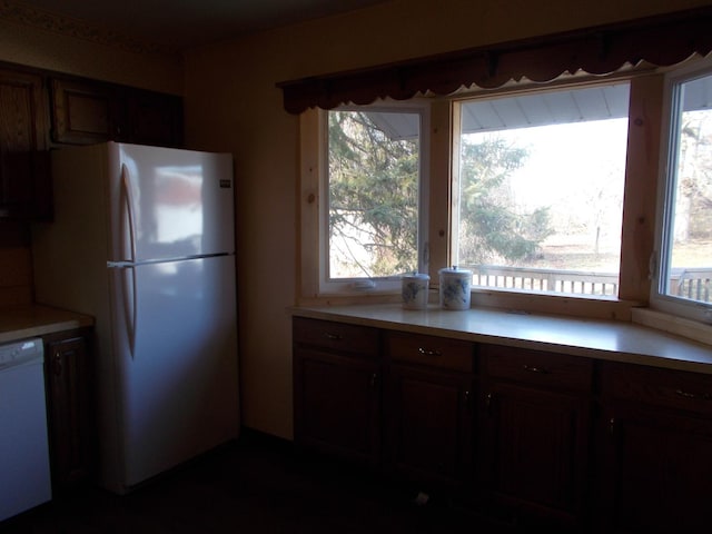 kitchen with a healthy amount of sunlight, dark brown cabinetry, and white appliances