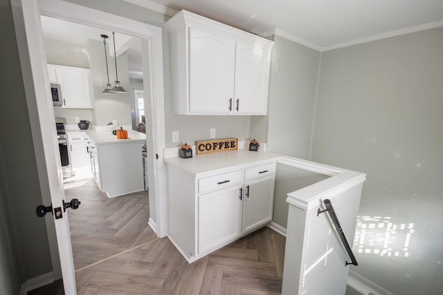 interior space featuring light parquet floors and ornamental molding