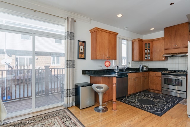 kitchen featuring dark stone counters, light wood-type flooring, appliances with stainless steel finishes, backsplash, and sink