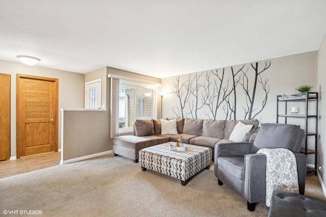 living room featuring light carpet