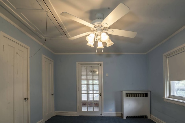 2206 W Lunt Ave, Chicago, IL 60645 - empty room featuring baseboards, attic access, a ceiling fan, radiator, and carpet floors