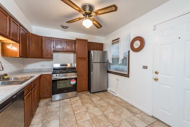 kitchen with appliances with stainless steel finishes, sink, ceiling fan, and light tile patterned floors