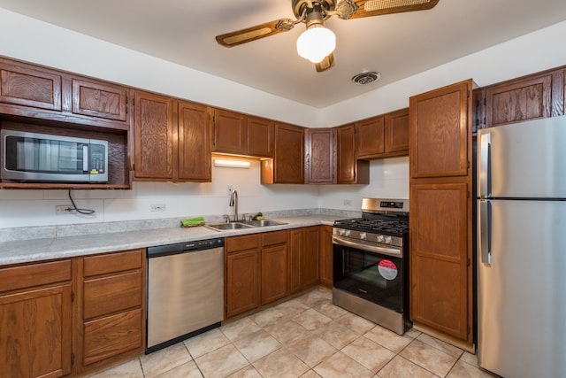 kitchen with stainless steel appliances, ceiling fan, and sink