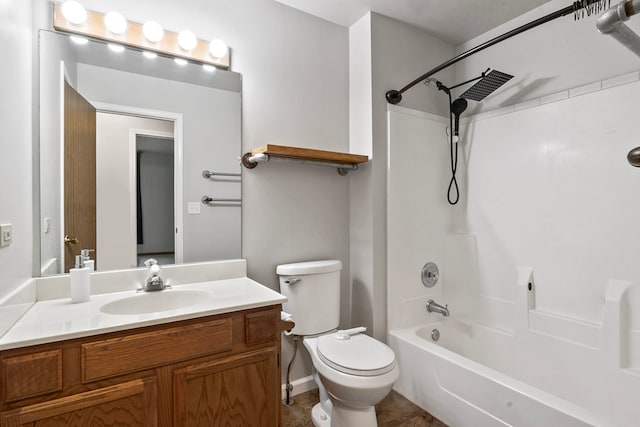 full bathroom featuring washtub / shower combination, vanity, tile patterned floors, and toilet