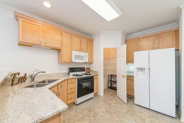 kitchen with light brown cabinetry, sink, crown molding, light stone counters, and white appliances