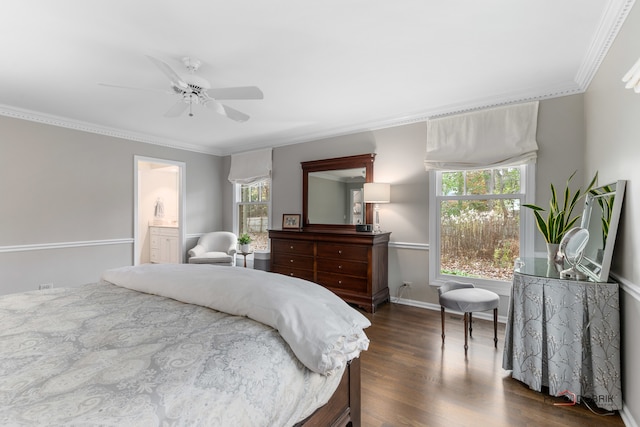 bedroom featuring multiple windows, dark hardwood / wood-style floors, ceiling fan, and ensuite bathroom