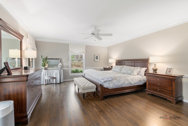 bedroom featuring ceiling fan, dark hardwood / wood-style flooring, and ornamental molding