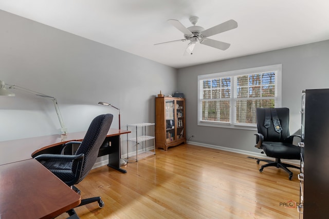 office featuring hardwood / wood-style floors and ceiling fan