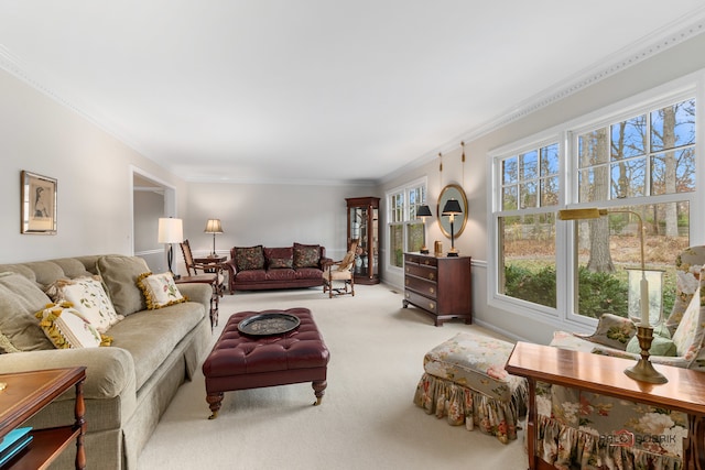 living room featuring light colored carpet and ornamental molding