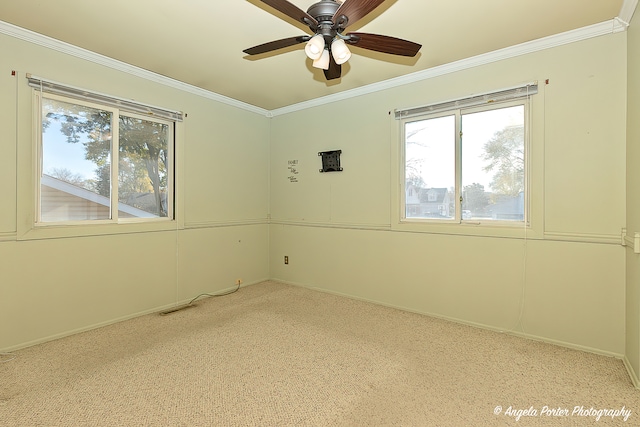 empty room with light colored carpet, ceiling fan, and crown molding