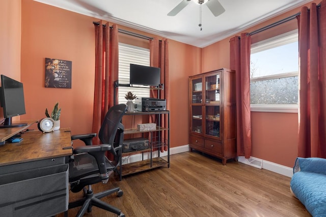 office featuring hardwood / wood-style floors and ceiling fan