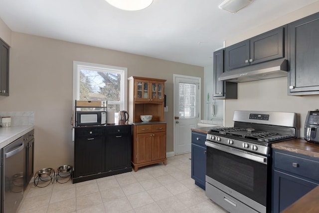 kitchen featuring blue cabinetry, a healthy amount of sunlight, and appliances with stainless steel finishes