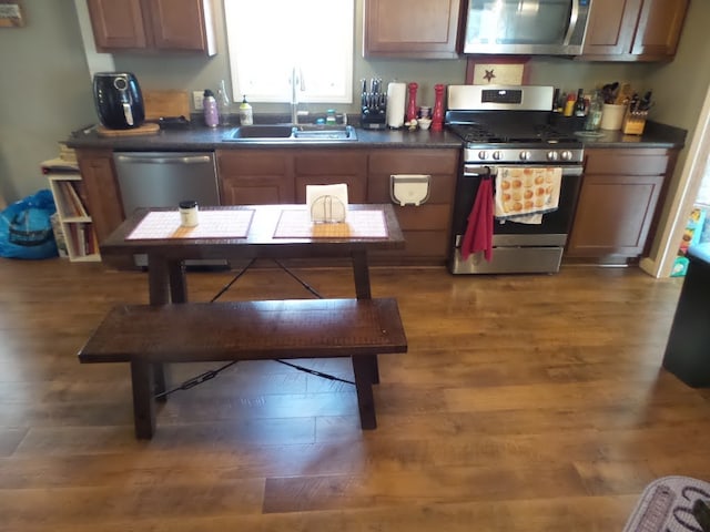 kitchen with dark hardwood / wood-style flooring, sink, and stainless steel appliances