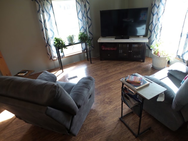 living room with dark hardwood / wood-style flooring