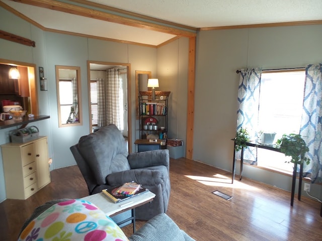 living room featuring dark hardwood / wood-style floors, a textured ceiling, and ornamental molding