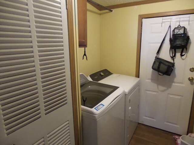 laundry area with washer and clothes dryer, dark hardwood / wood-style flooring, and a textured ceiling