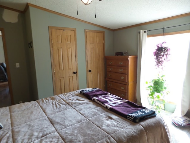 bedroom with lofted ceiling, a textured ceiling, crown molding, and two closets