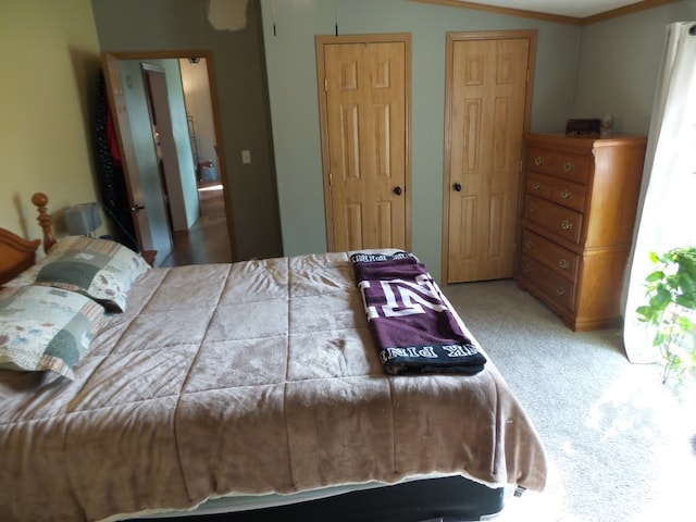 bedroom featuring carpet flooring, ornamental molding, and two closets