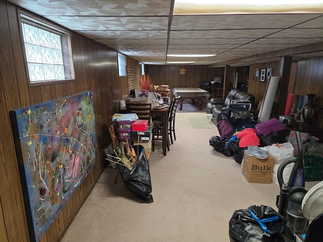 basement with wooden walls and carpet flooring