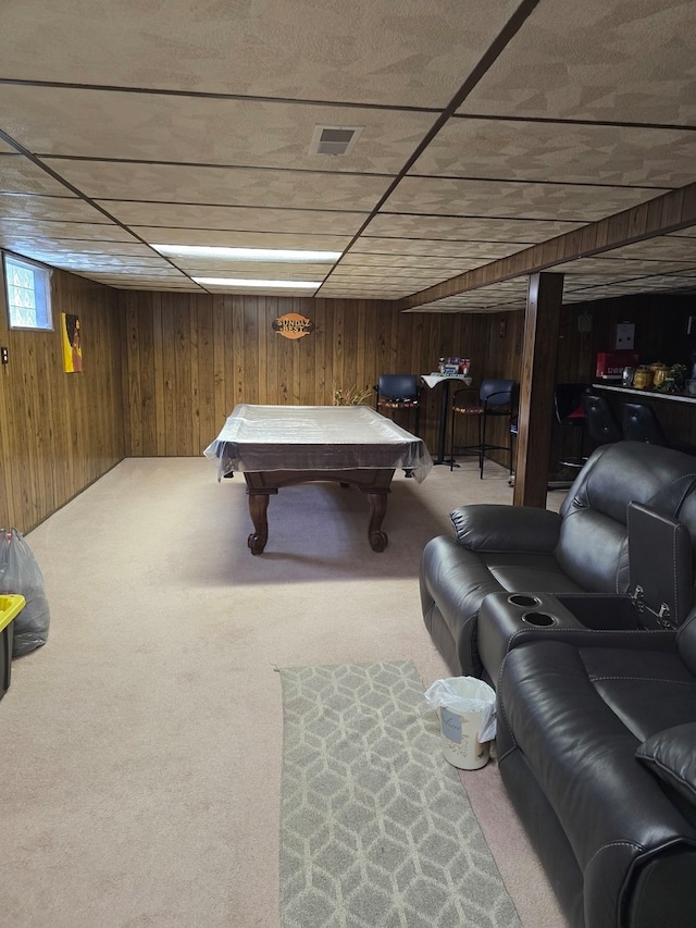 recreation room featuring pool table, wooden walls, and carpet flooring