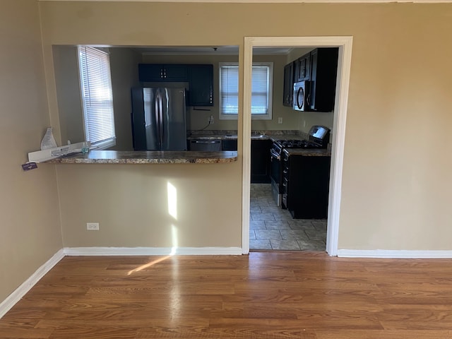 kitchen featuring kitchen peninsula, stainless steel appliances, and hardwood / wood-style flooring