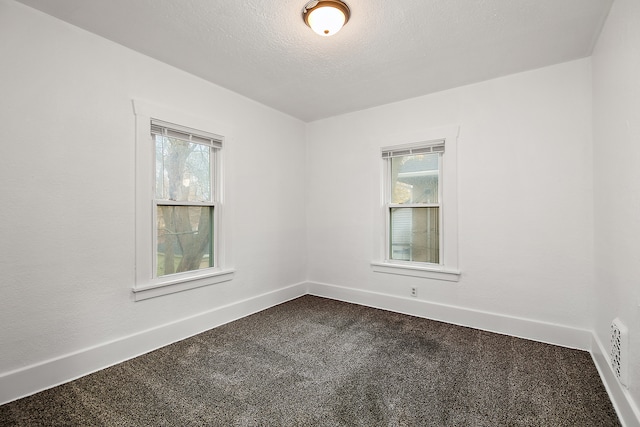 spare room with a textured ceiling, a healthy amount of sunlight, and carpet floors