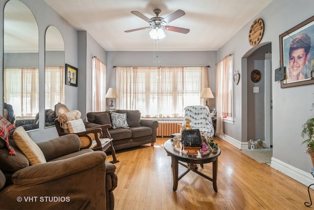 living room with ceiling fan, radiator heating unit, and light hardwood / wood-style floors