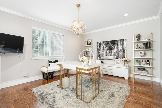 dining area featuring an inviting chandelier, hardwood / wood-style floors, and ornamental molding