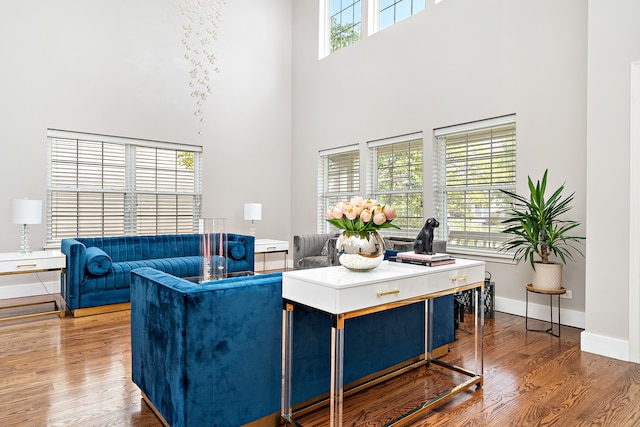 living room with hardwood / wood-style flooring and a high ceiling