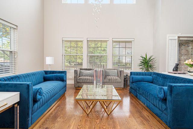 living room with a high ceiling and wood-type flooring