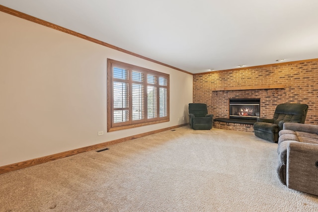 carpeted living room featuring a fireplace and ornamental molding