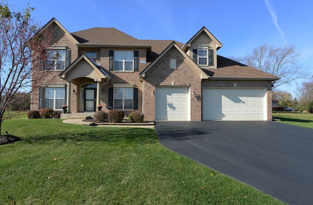 view of front of house with a garage and a front lawn