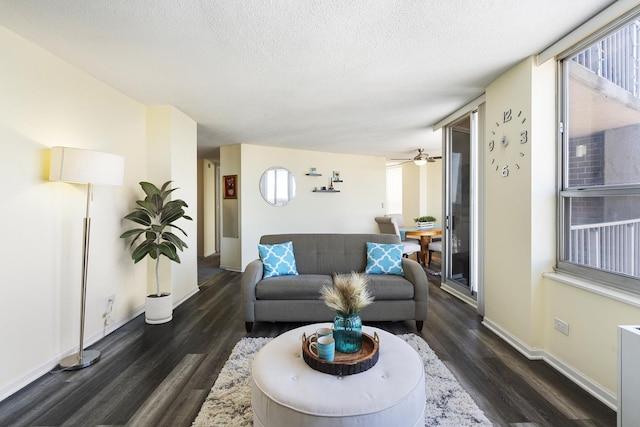 living area with dark wood-style floors, baseboards, and a textured ceiling